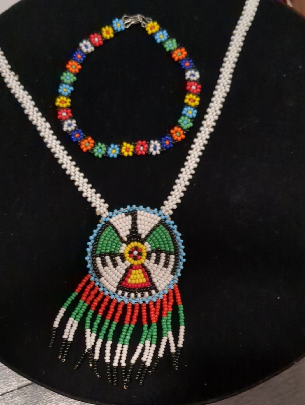 Vintage 70s Beaded Thunderbird Medallion Necklace & Bracelet - Native American